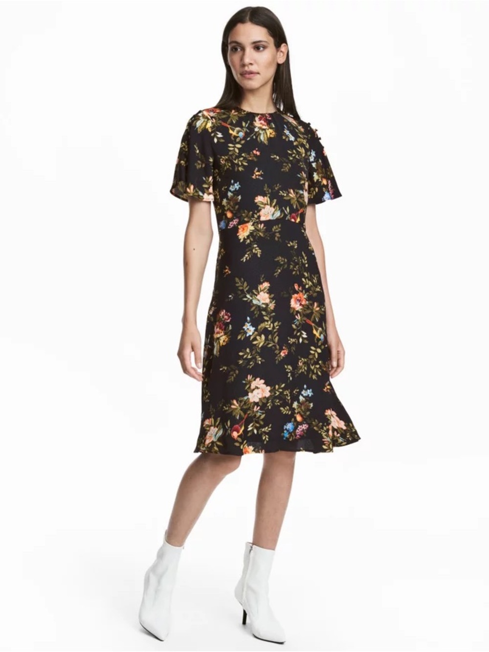 H&M Black Floral Midi Dress with Short Flutter Sleeves